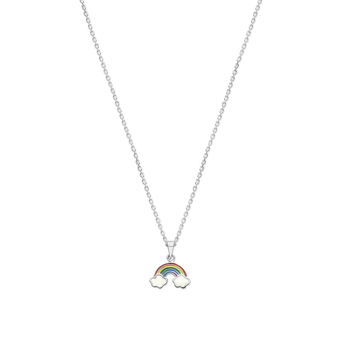 Collier en argent rhodié avec un pendentif en forme d'arc-en-ciel coloré.