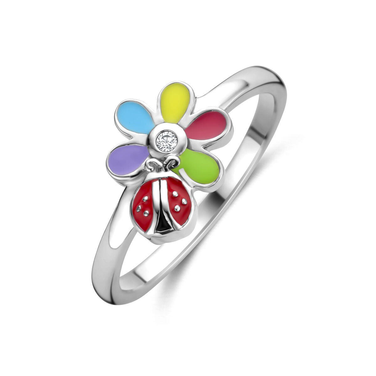 Bague en argent pour enfant avec zircon, motif de fleur colorée et coccinelle.