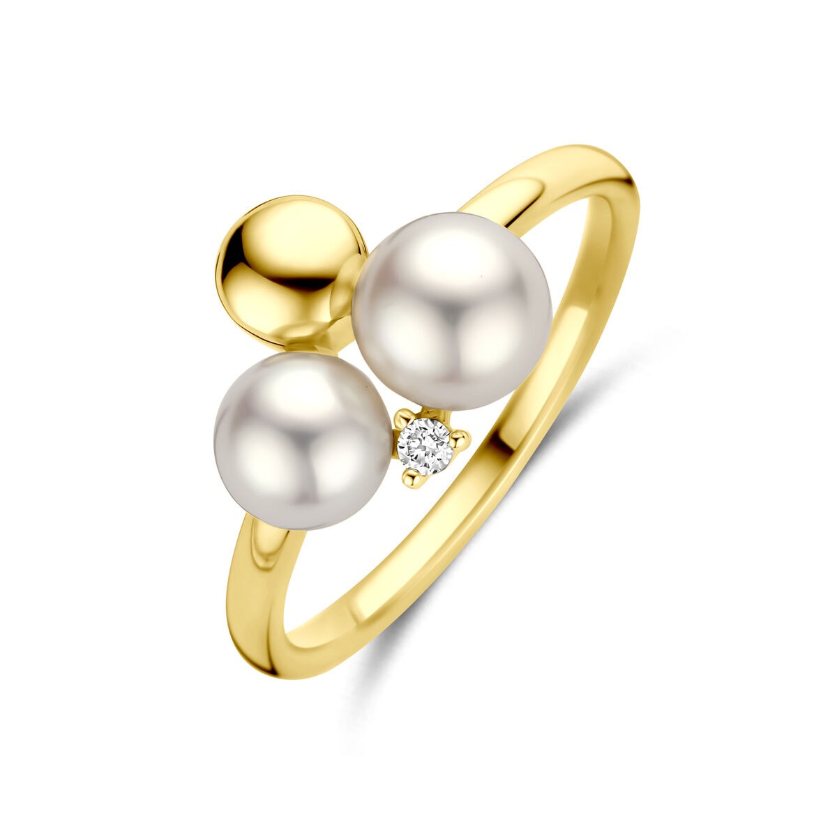 Bague en or jaune 14 carats avec deux perles et un diamant, largeur de 11 mm.