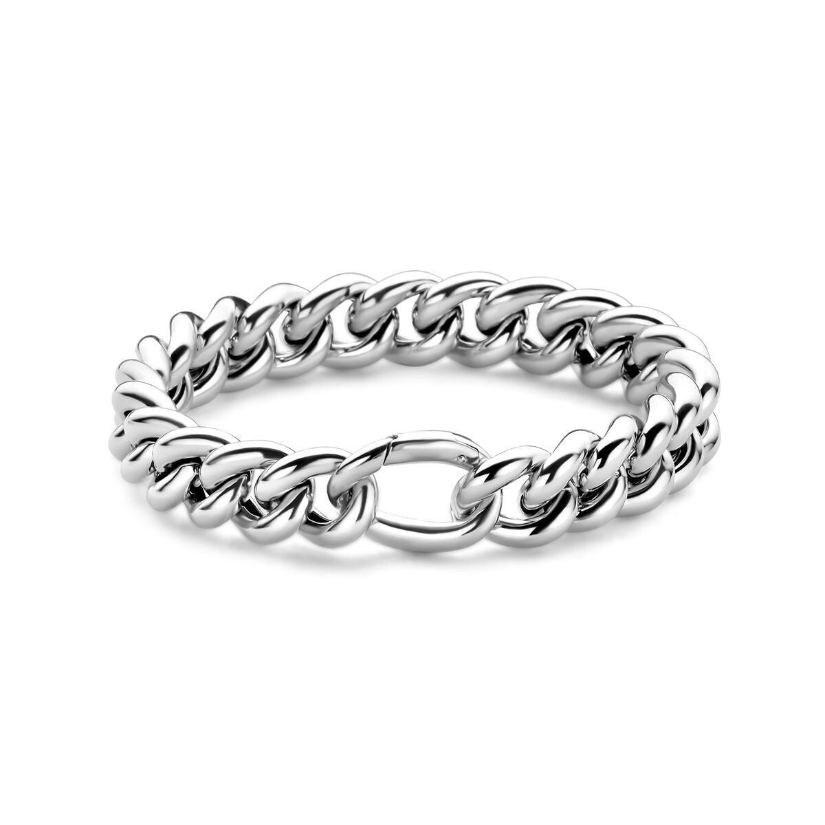 Gerhodineerde zilveren gourmette armband met een schakelontwerp en een glanzende afwerking.