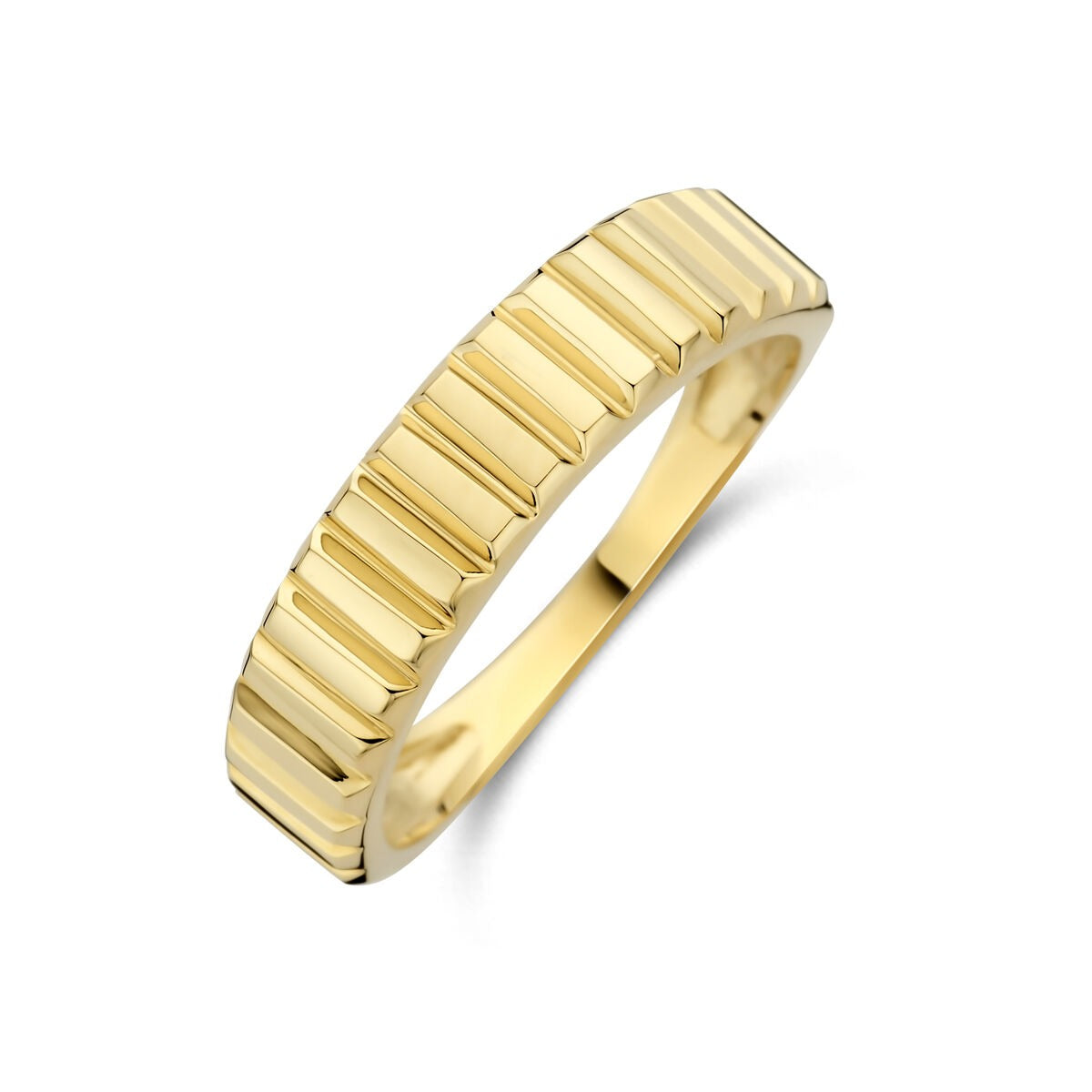 Bague en or jaune 14 carats avec un design strié et une forme rectangulaire.