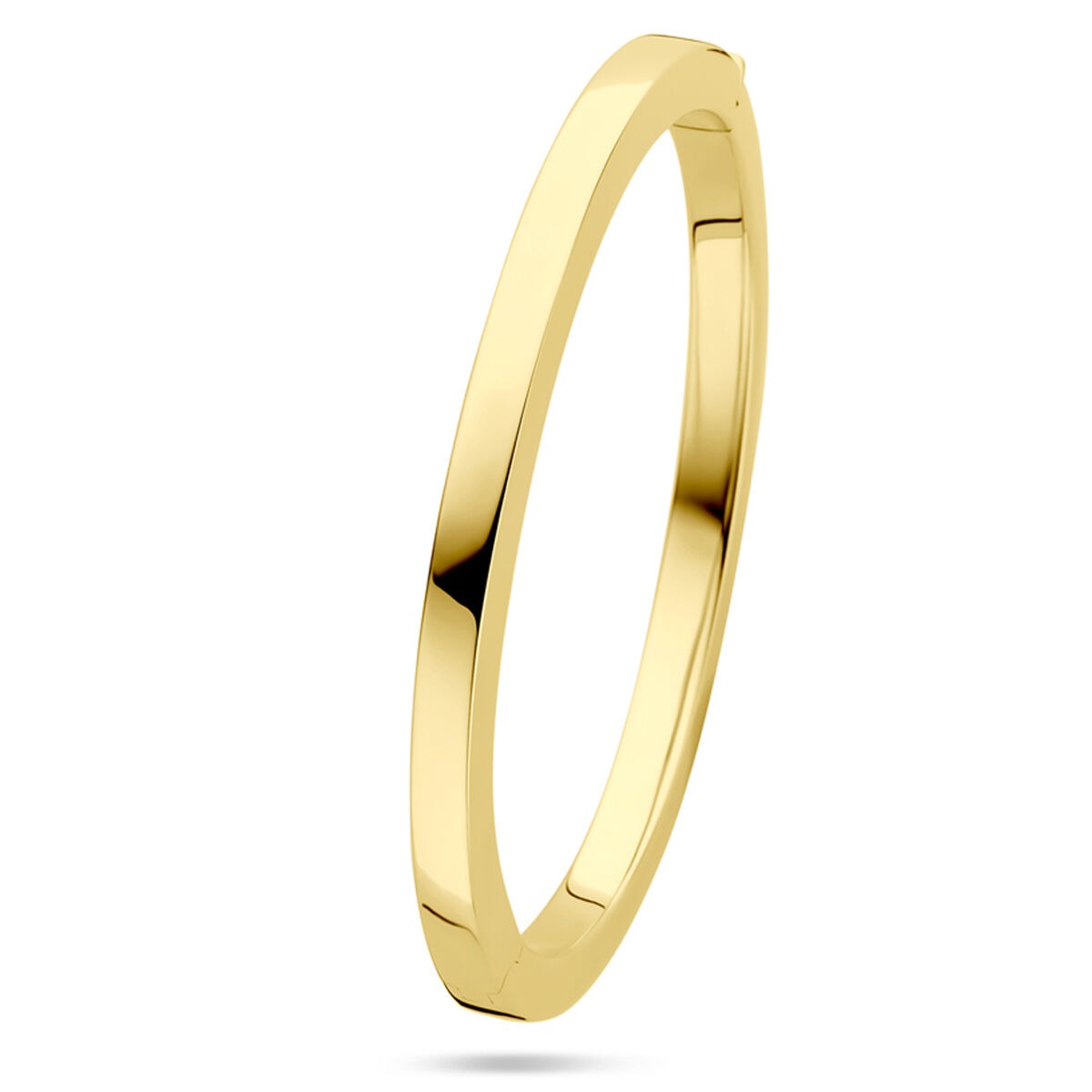 Bracelet jonc en or jaune 14 carats, large de 5 mm, avec fermeture à charnière.