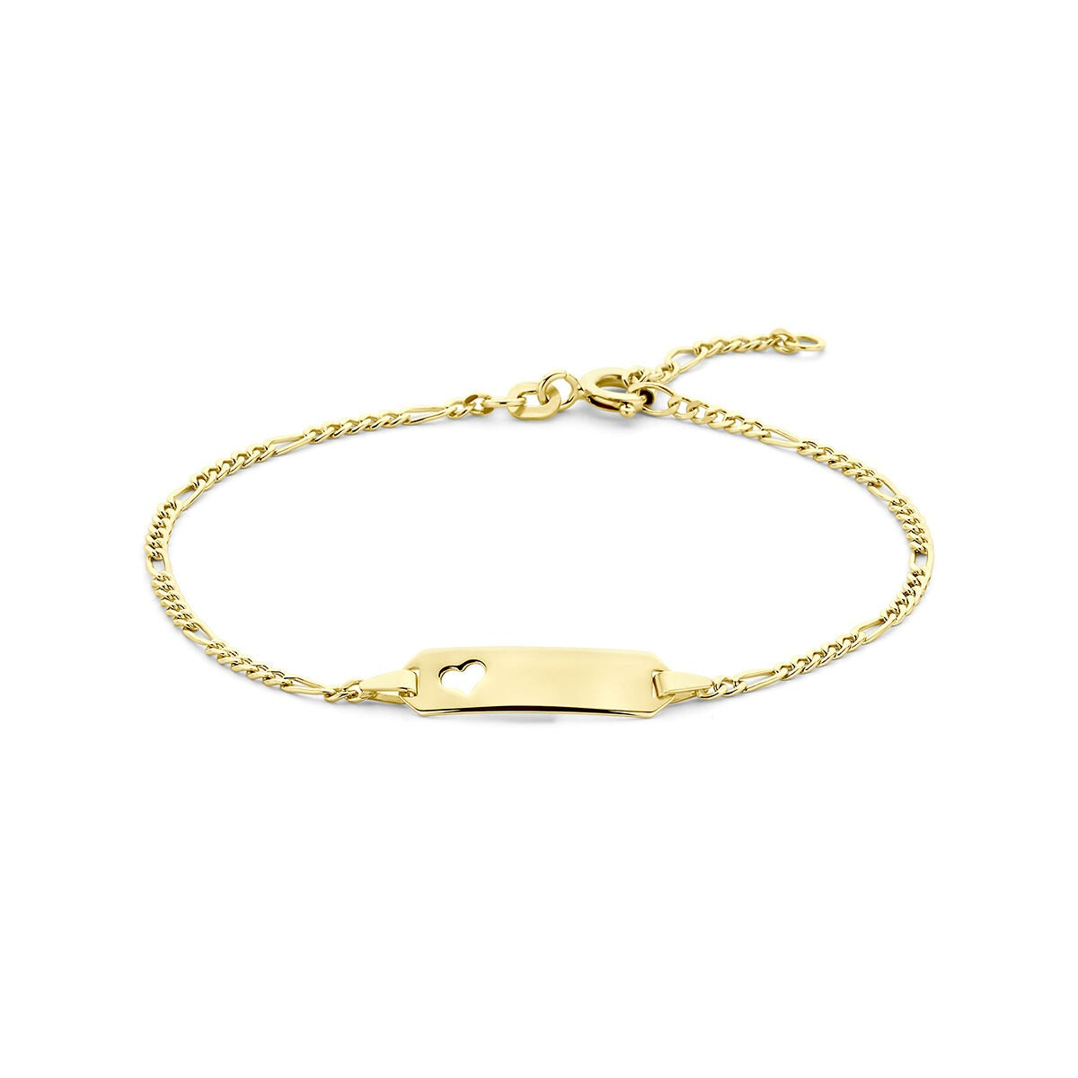 Bracelet en or jaune 14 carats avec plaque gravable, chaîne torsadée et fermoir.