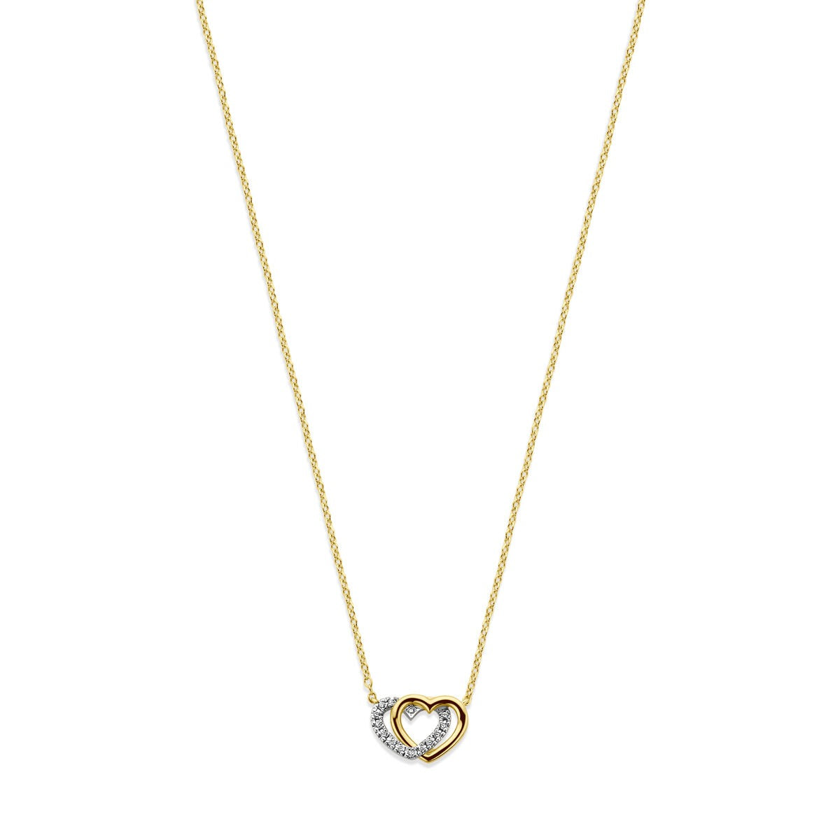 Collier en or jaune avec un pendentif en forme de cœur et des diamants.