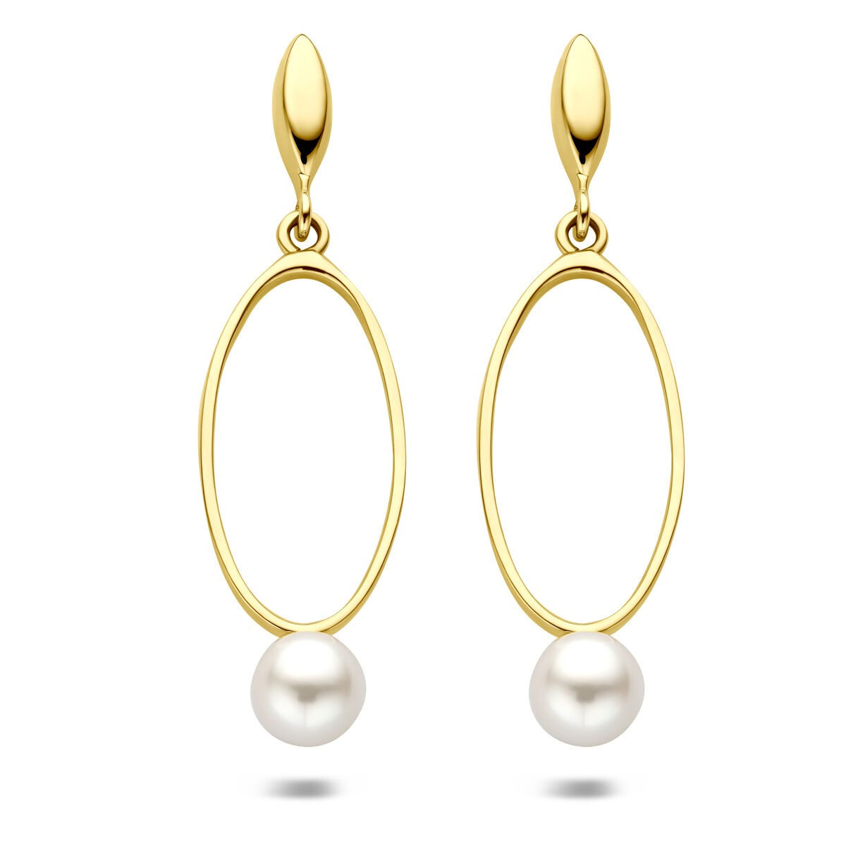 Boucles d'oreilles en or jaune 14 carats avec perle, forme ovale, longueur 37 mm.