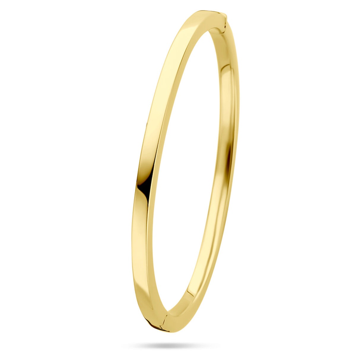Bracelet jonc en or jaune 14 carats, large de 4 mm, avec fermeture à charnière.