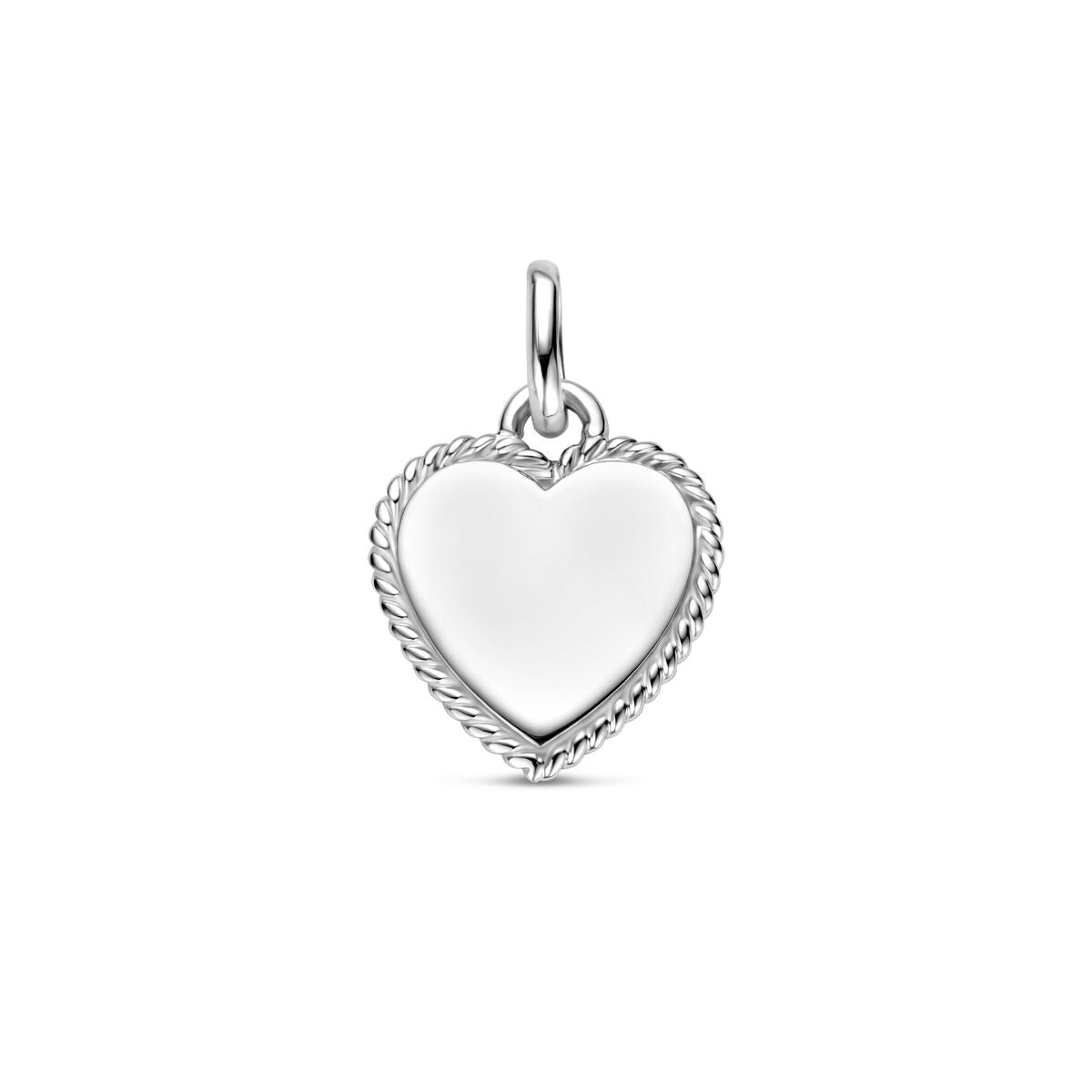 Pendentif en forme de cœur en argent rhodié avec une bordure torsadée, mesurant 19,5 mm.