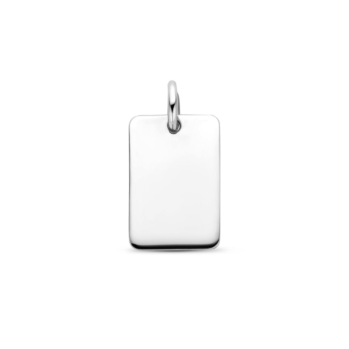Pendentif rectangulaire en argent rhodié, surface lisse et brillante.