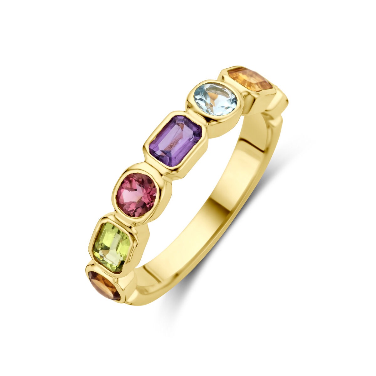 Bague en or 14 carats ornée d'améthyste, de topaze, de citrine et de péridot.