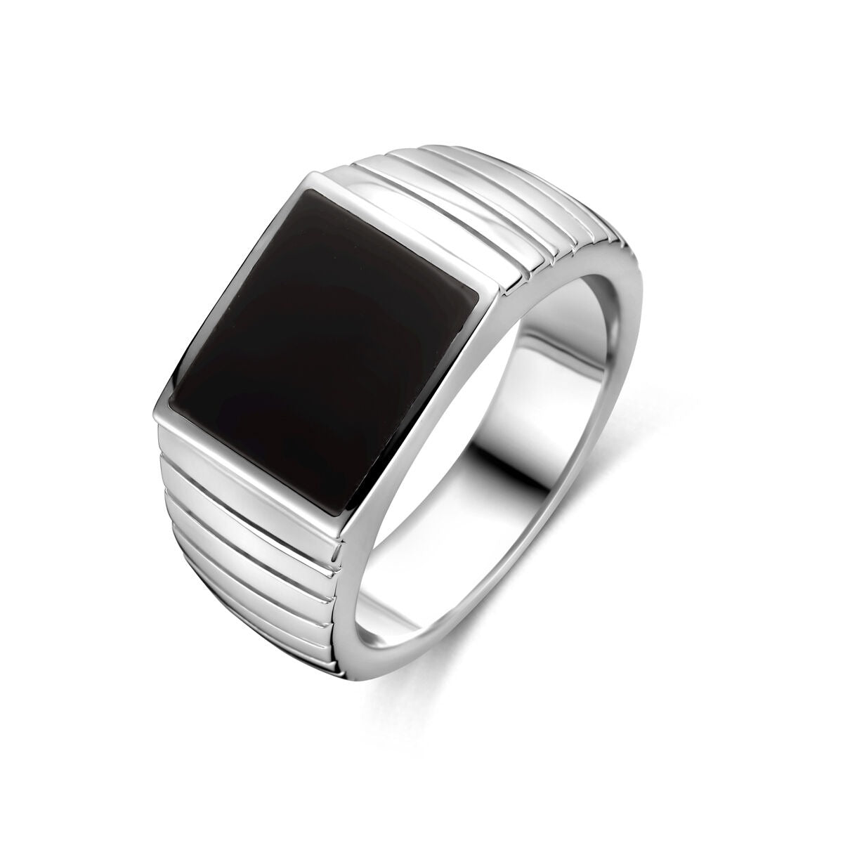Bague en argent pour homme avec onyx, largeur de 10,5 mm, finition lisse et rayures sur les côtés.