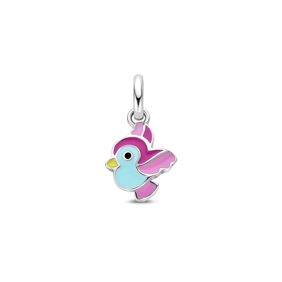 pendentif en argent rhodié représentant un petit oiseau coloré avec des ailes roses et un corps bleu.