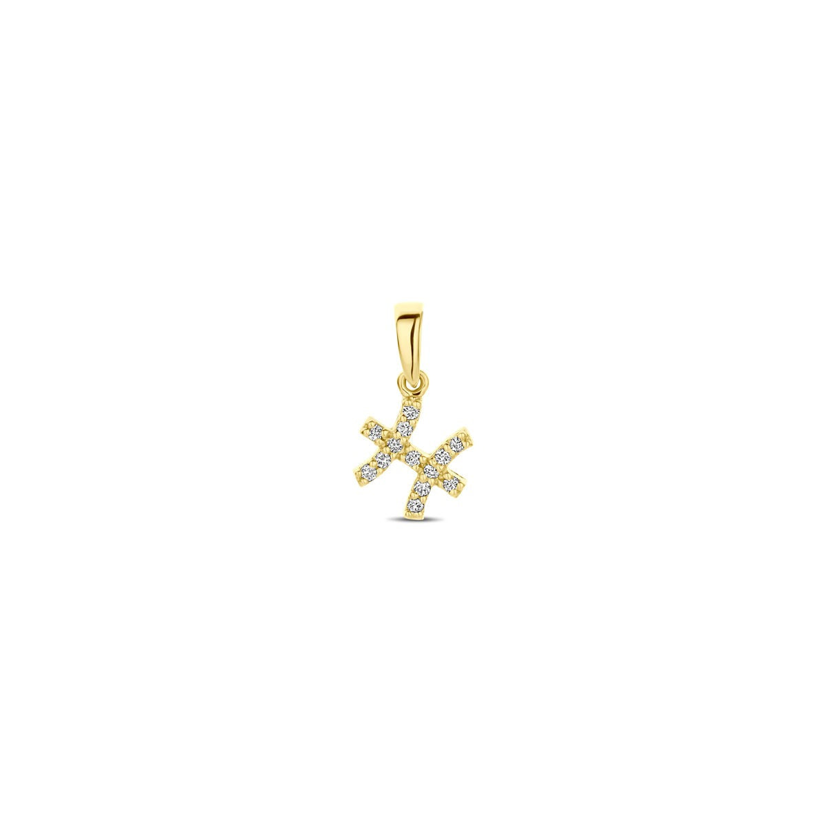 Pendentif en or jaune 14 carats en forme de signe astrologique, orné de diamants.