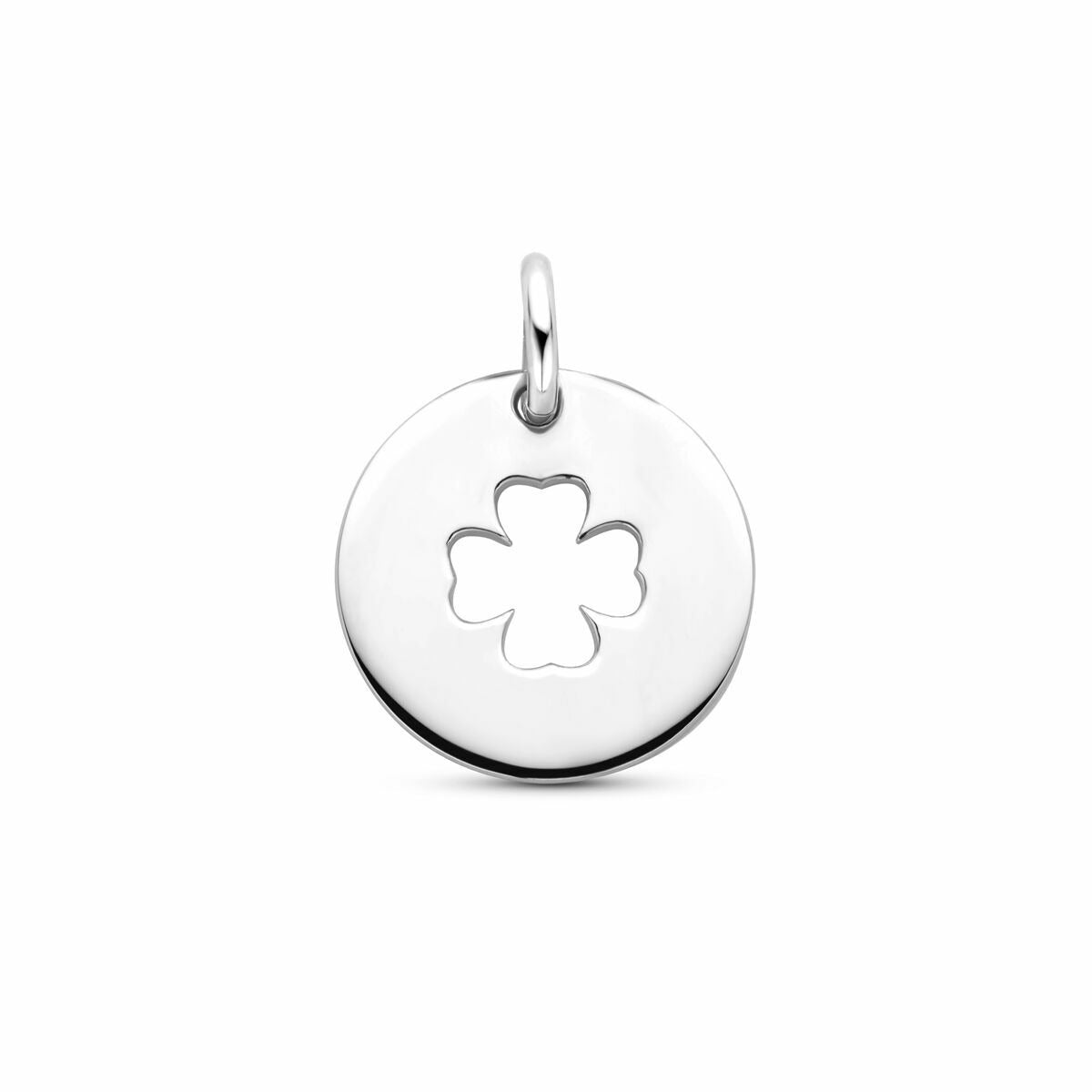 Pendentif rond en argent rhodié avec une découpe en forme de trèfle.