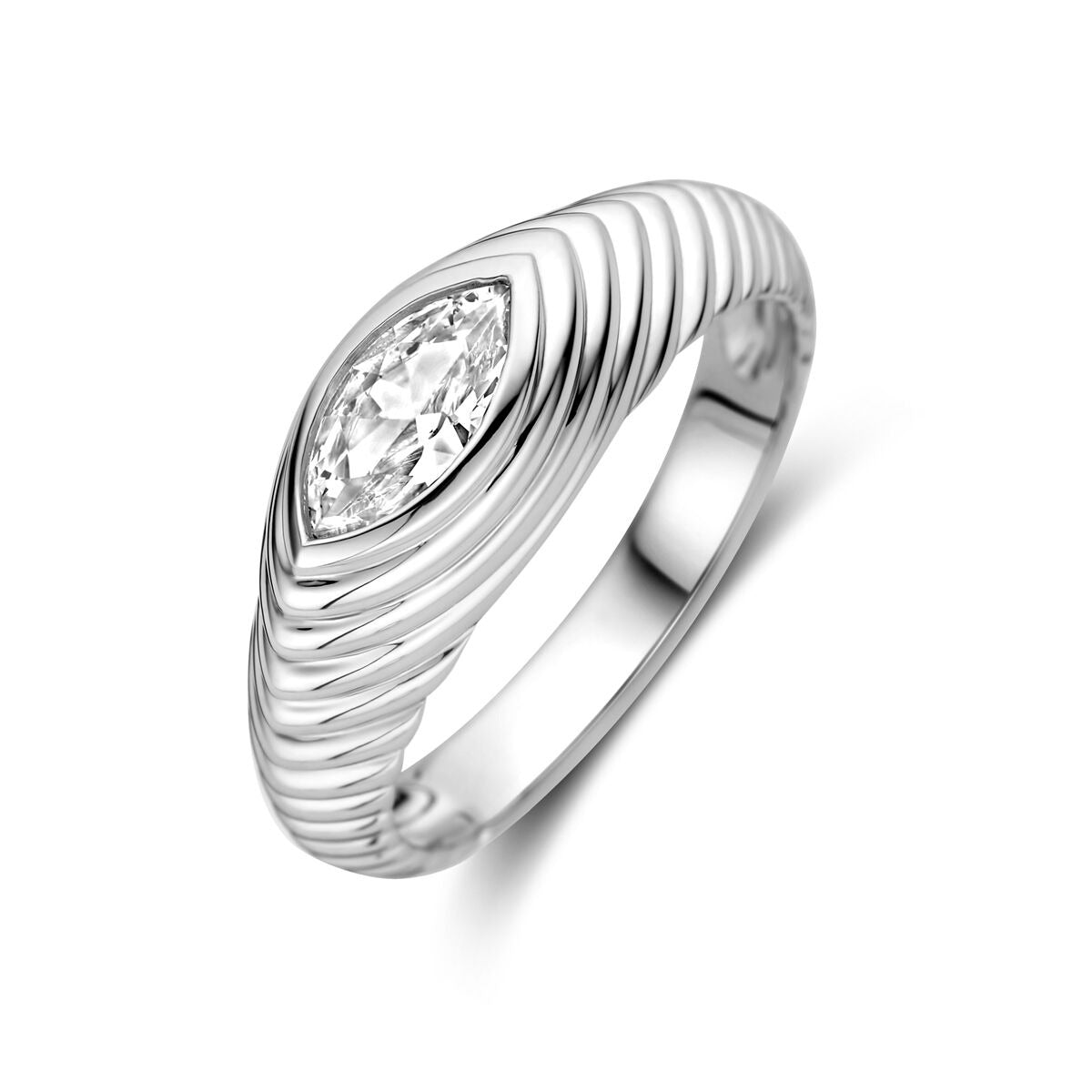 Bague en argent rhodié avec zirconia marquise, 7 mm de large, au design ondulé.