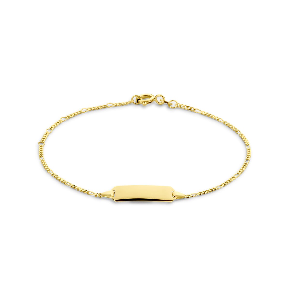 Bracelet en or jaune 14 carats avec maillon figaro et plaque à graver.