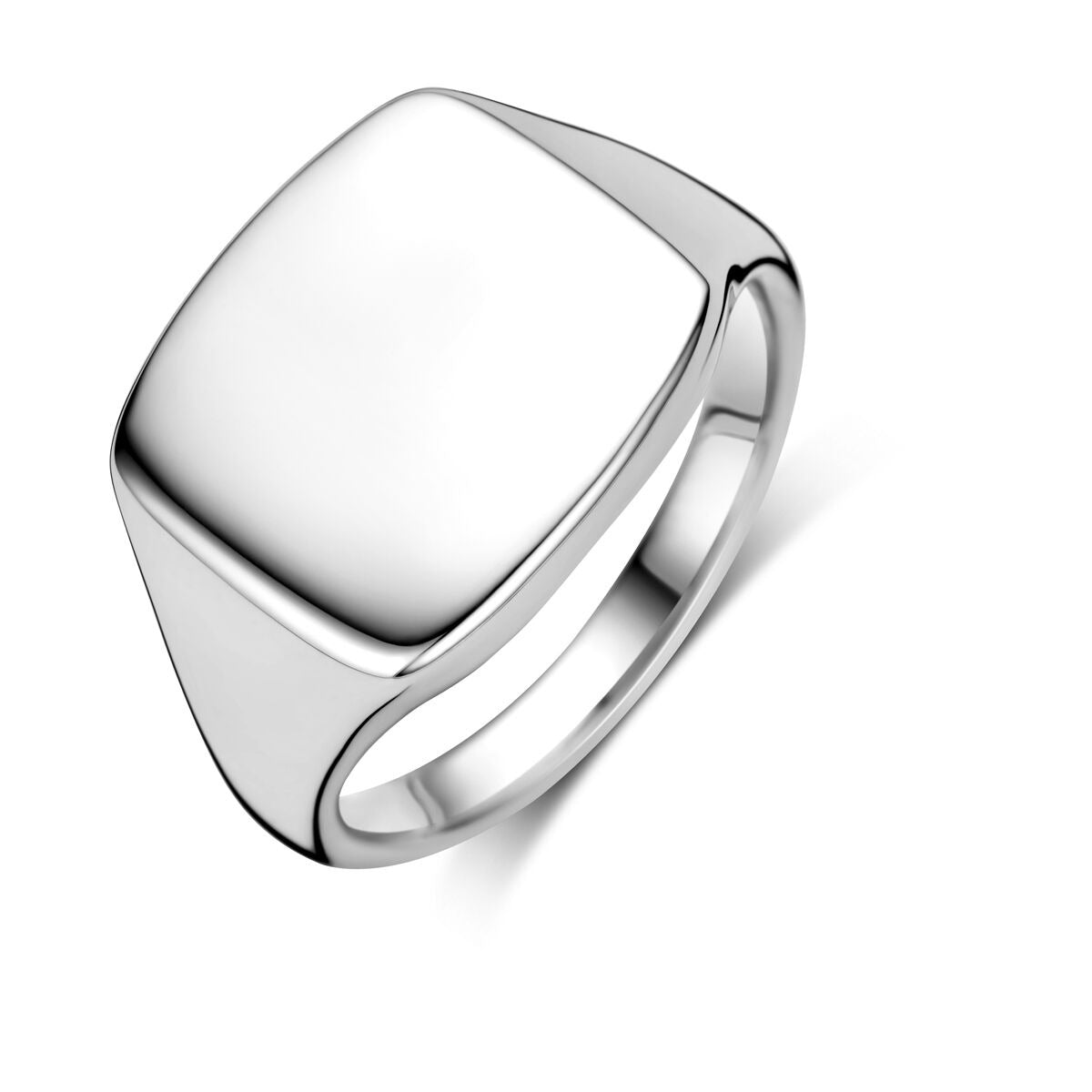 Bague en argent rhodié avec une surface lisse et carrée.