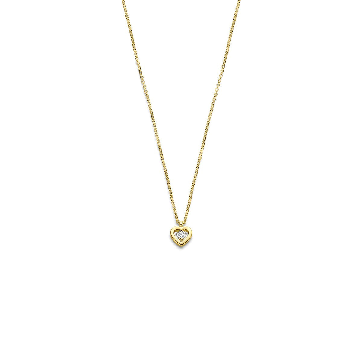 Collier en or jaune 14 carats avec un pendentif en forme de cœur orné d'un diamant.