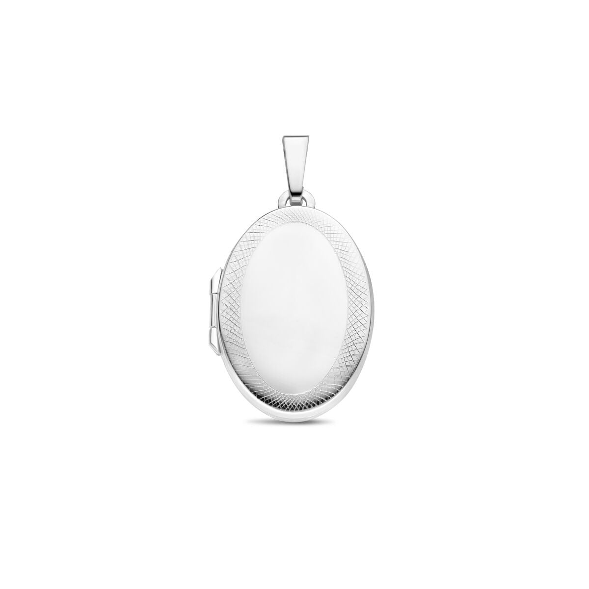 Médaille ovale en argent rhodié 925 avec finition lisse et motif gravé.