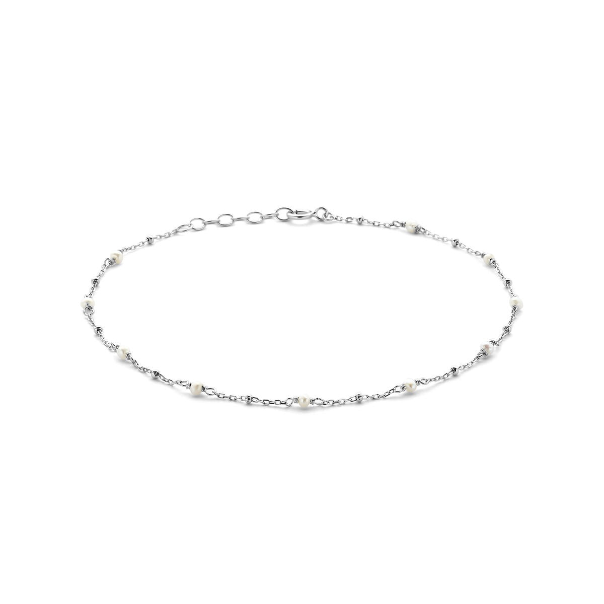 Bracelet de cheville en argent rhodié avec perles.