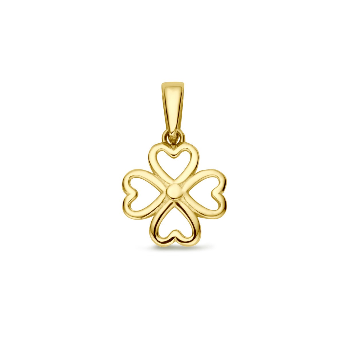 pendentif en or jaune 14 carats en forme de trèfle à quatre feuilles avec des cœurs.