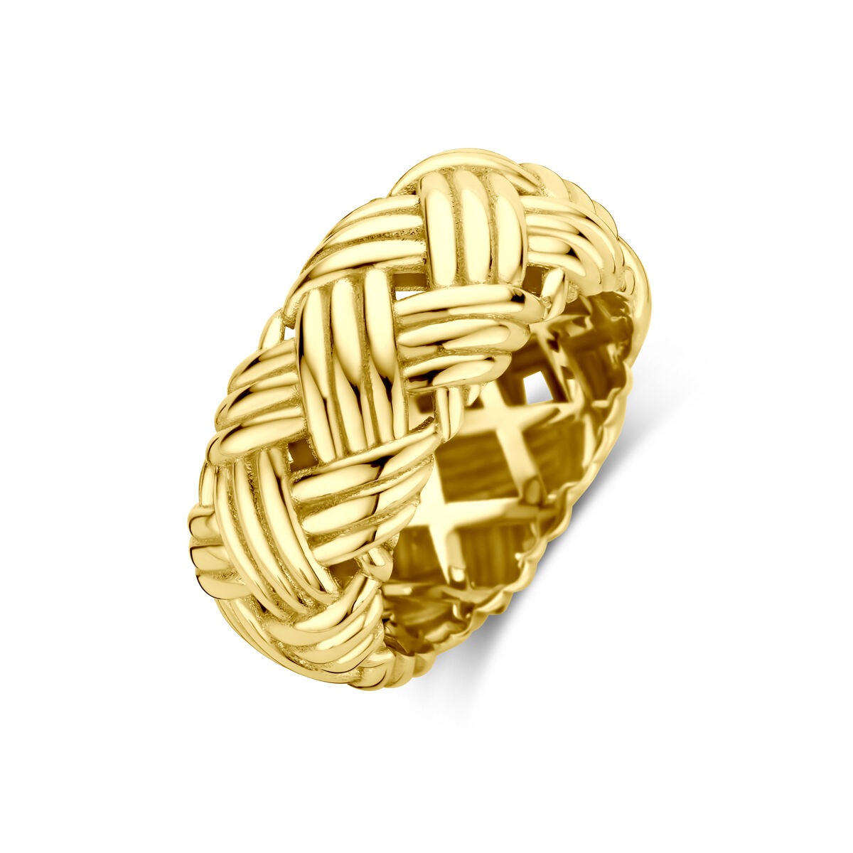 Bague en or jaune 14 carats tressée, 10 mm de large.