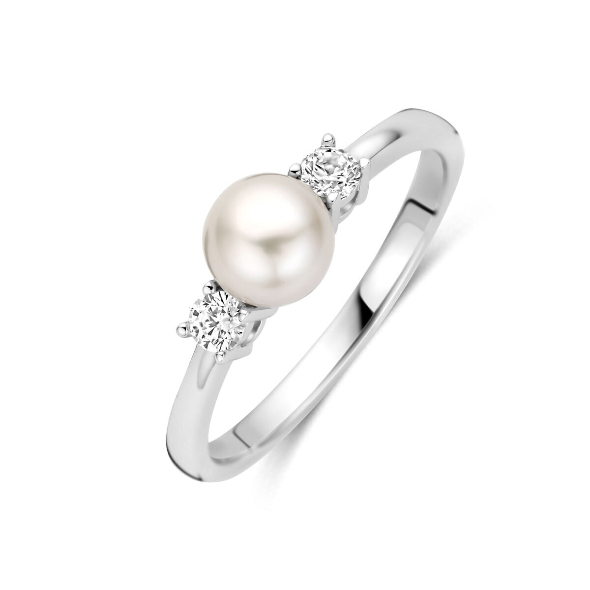 Bague en argent rhodié 925 avec une perle et des zirconias.