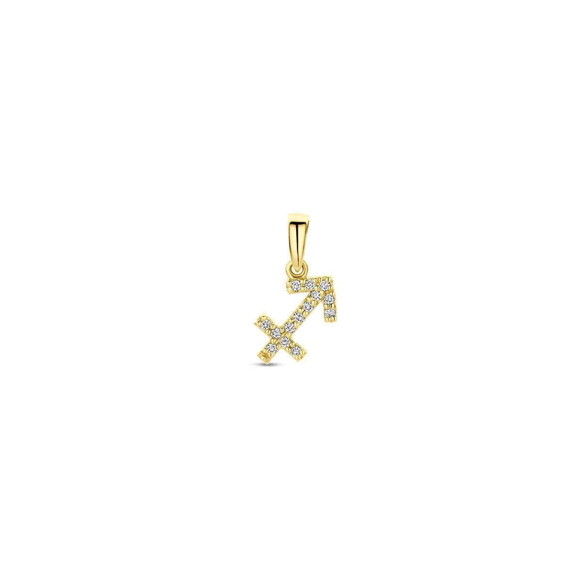 Pendentif en or jaune 14 carats en forme de signe astrologique, décoré de diamants.