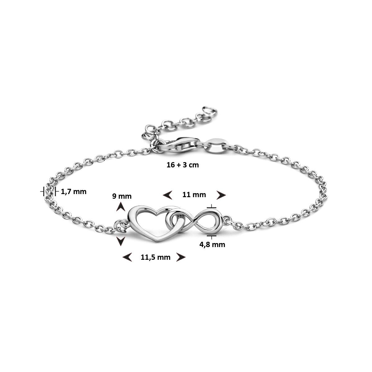 Bracelet en argent 925 rhodié avec cœur et symbole de l'infini
