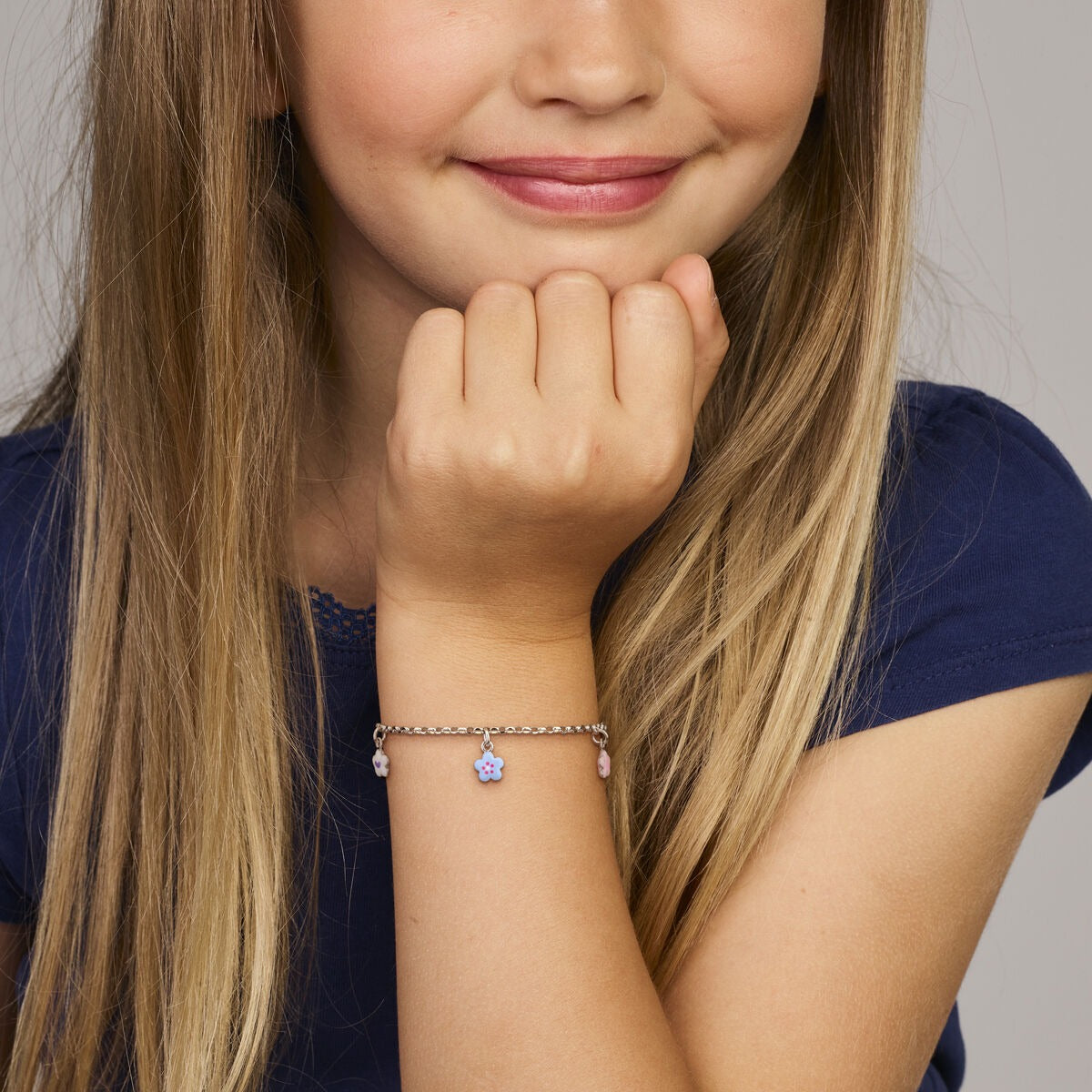 Bracelet pour enfant en argent 925 rhodié avec fleurs et émail