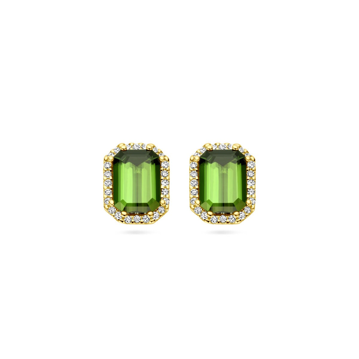 Boucles d'oreilles en or jaune 14 carats avec tourmaline verte et diamants.