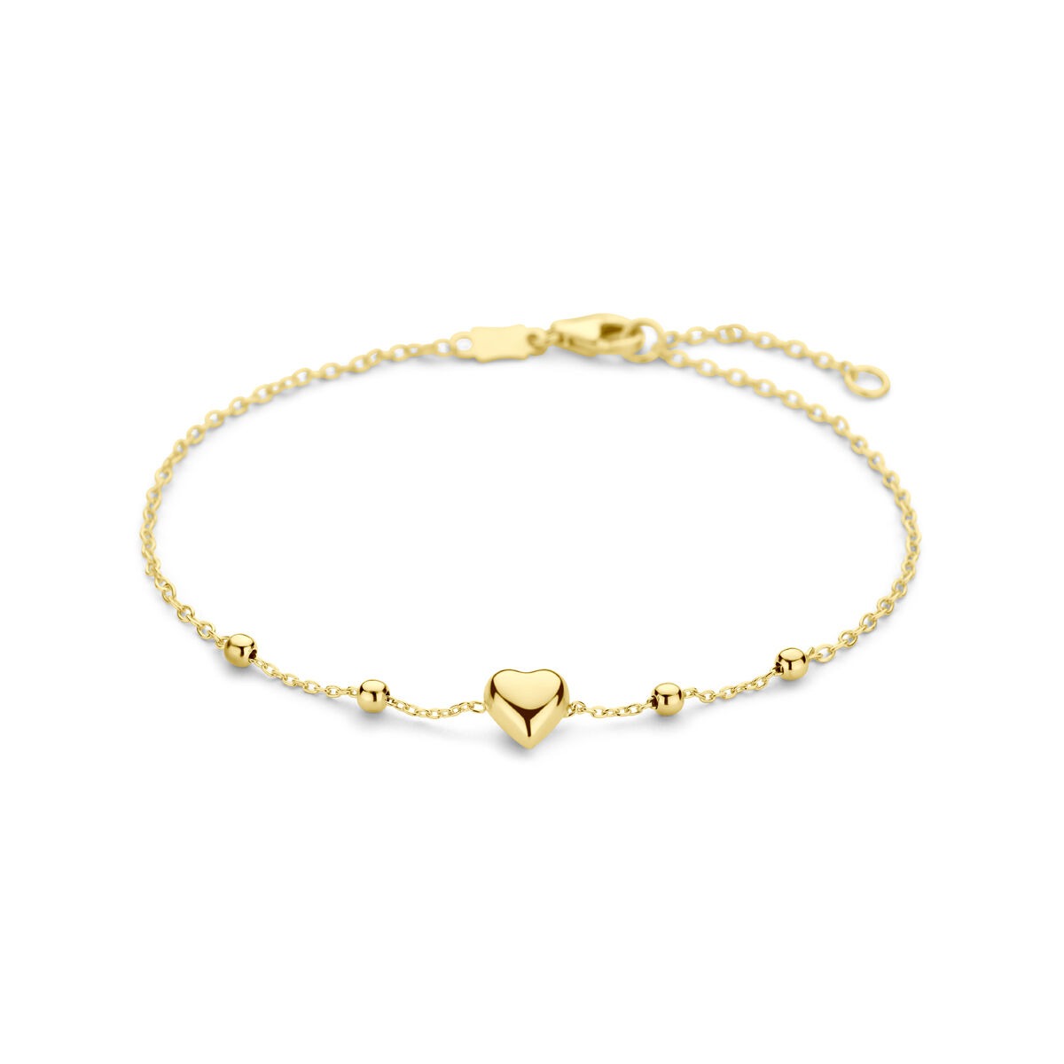 Bracelet en or jaune 14 carats avec un cœur et des billes.