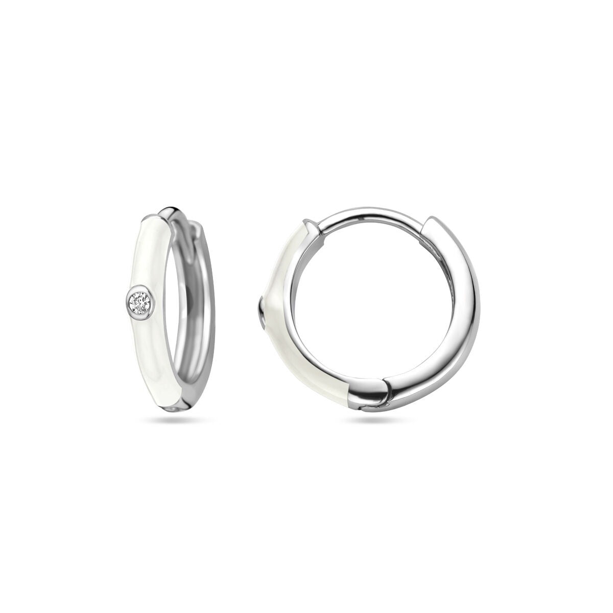 Boucles d'oreilles en argent pour femme avec zircone et émail blanc – rhodié 15 mm