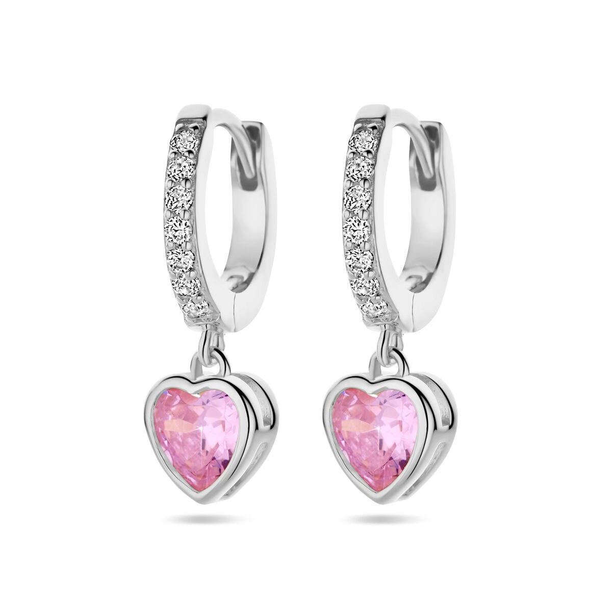Créoles en argent rhodié avec zircone rose en forme de cœur