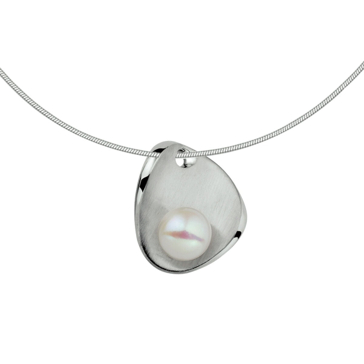 Collier en argent rhodié avec un pendentif en forme organique et une perle nacrée.