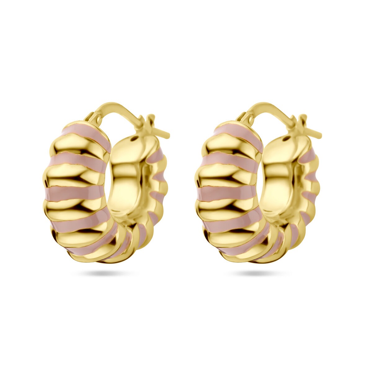 Boucles d'oreilles en argent doré à l'or jaune avec émail rose, de forme ronde et texturée.