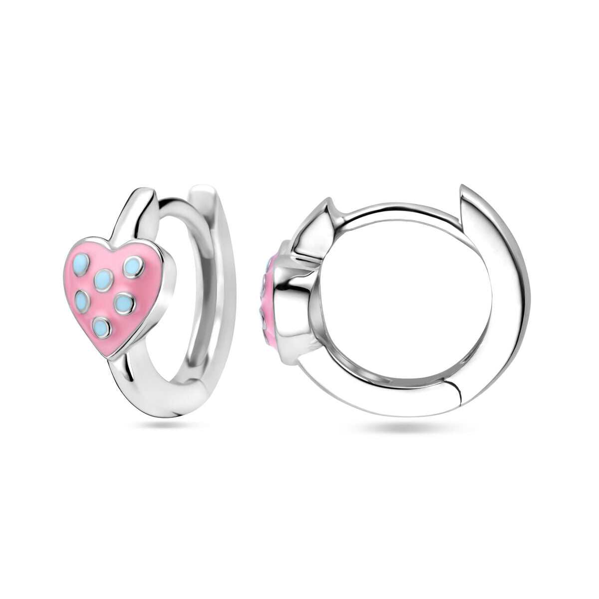 Boucles d'oreilles en argent pour enfant avec un cœur en émail rose et turquoise