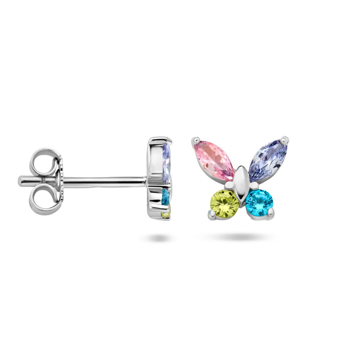 Puces d'oreilles en argent en forme de papillon avec zircones colorées – bijou joyeux pour enfant