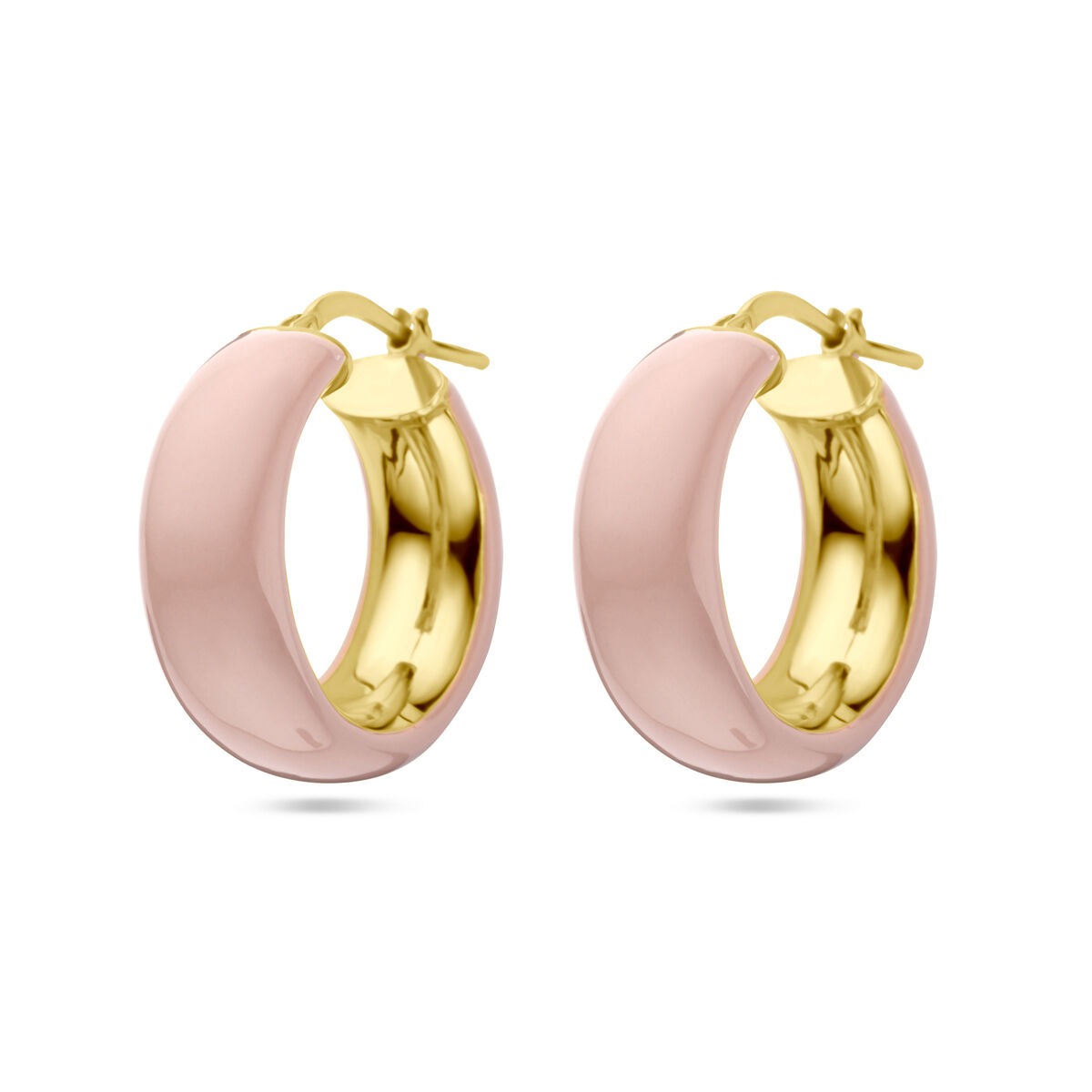 Boucles d'oreilles argentées, dorées à l'or jaune, avec un revêtement en émail rose.