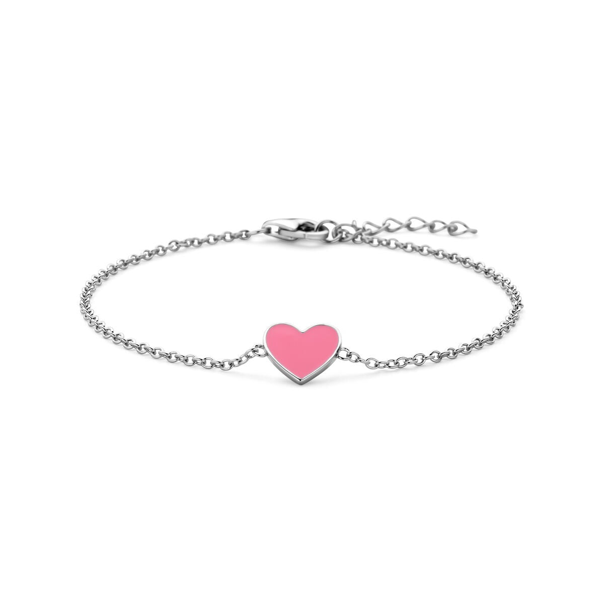 Bracelet en argent rhodié 925 avec un cœur en émail rose.