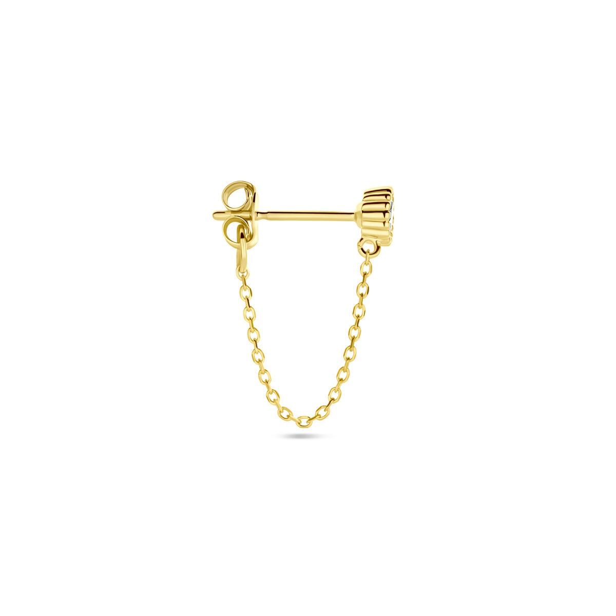 Boucle d'oreille en or jaune 14k avec zirconia, dotée d'une chaîne délicate.