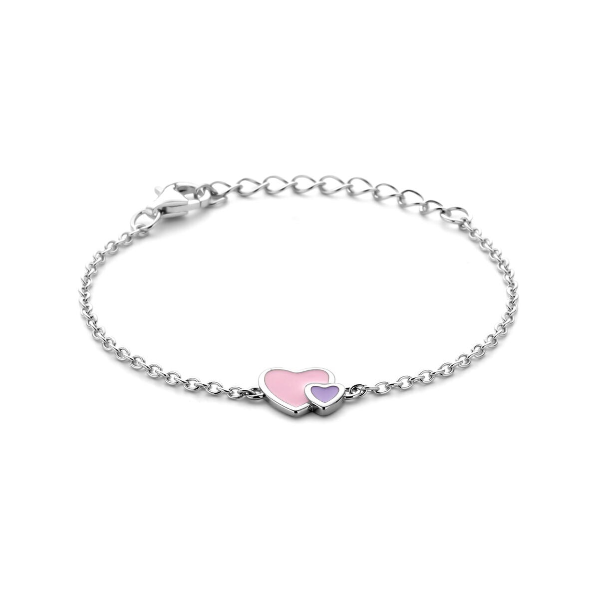 Bracelet en argent rhodié 925 avec des cœurs rose et violet.