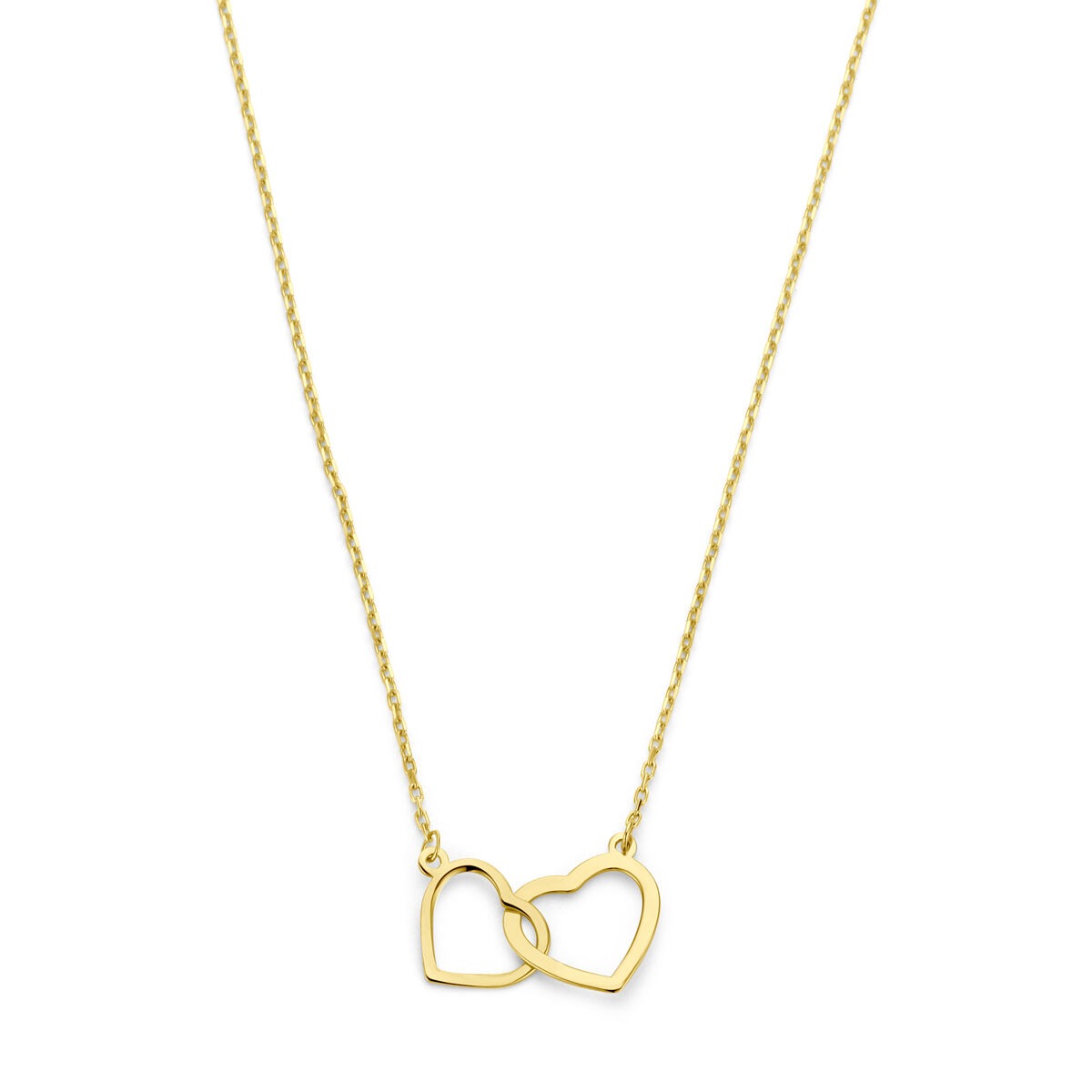 Collier en or 14 carats avec deux cœurs entrelacés, longueur de 45 cm.