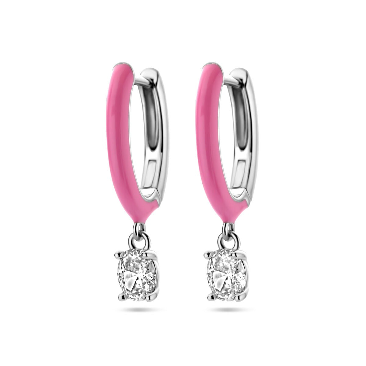 Boucles d'oreilles en argent rhodié 925 avec émail rose et zirconia, forme créole.
