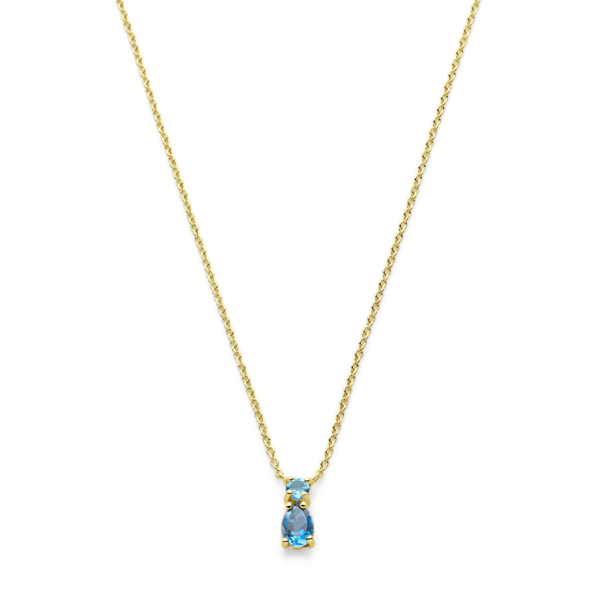 Collier en or jaune 14 carats avec topazes bleu ciel et bleu de Londres.