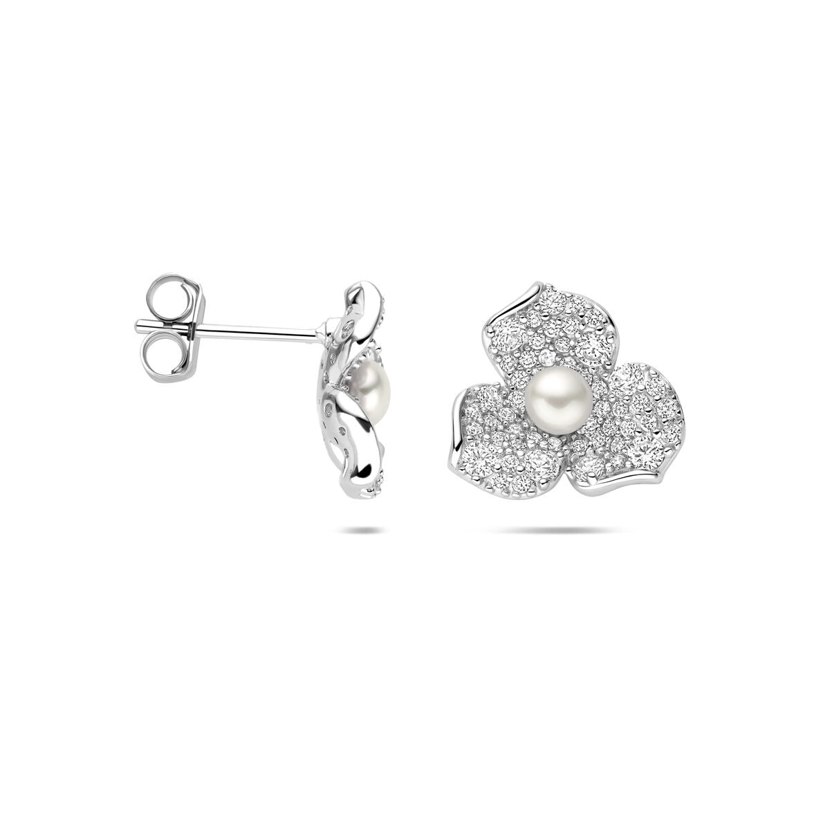 Puces d'oreilles en argent avec motif floral, zircone et perle – rhodié argent 925
