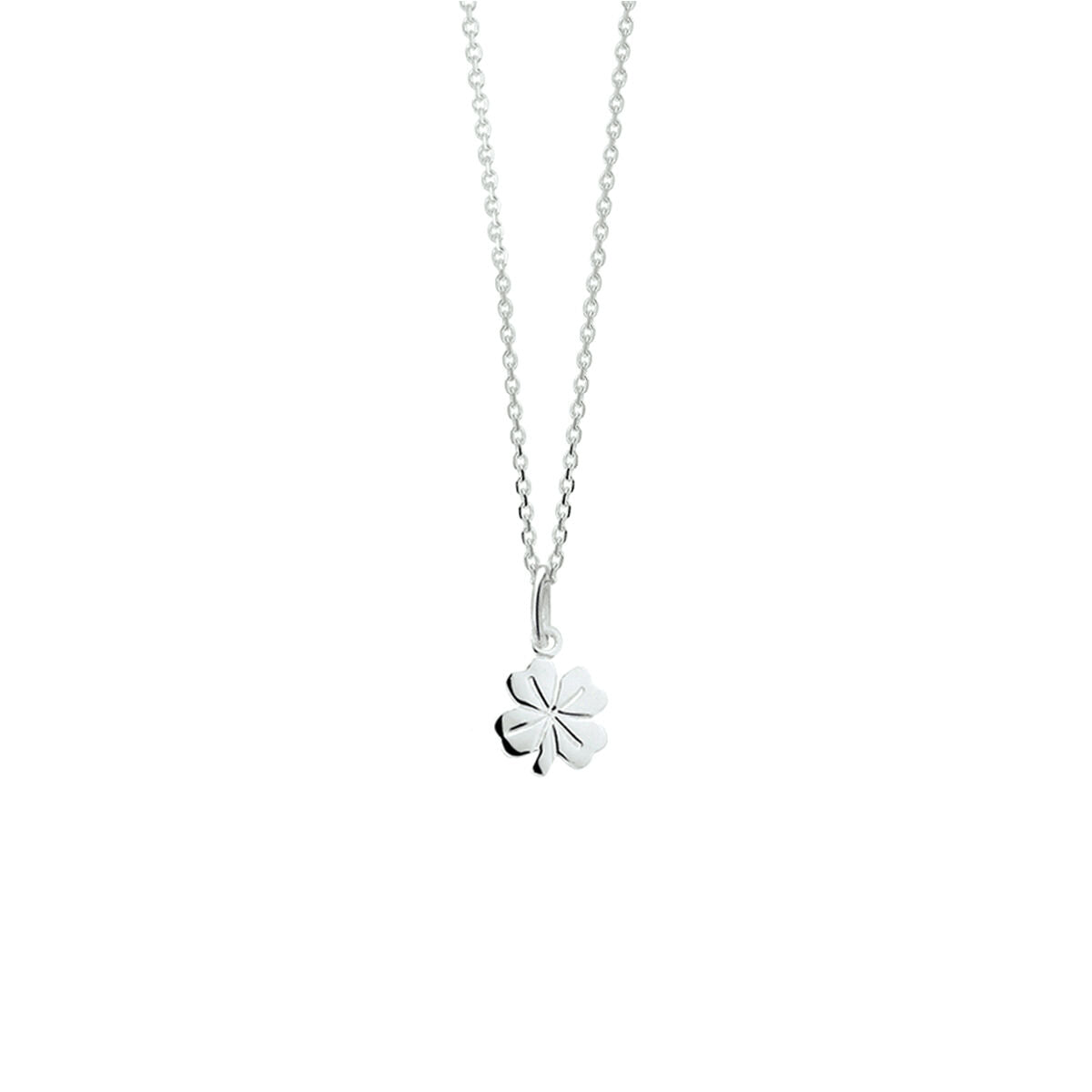 Collier en argent avec pendentif en forme de trèfle, chaîne à maillons ancrés.