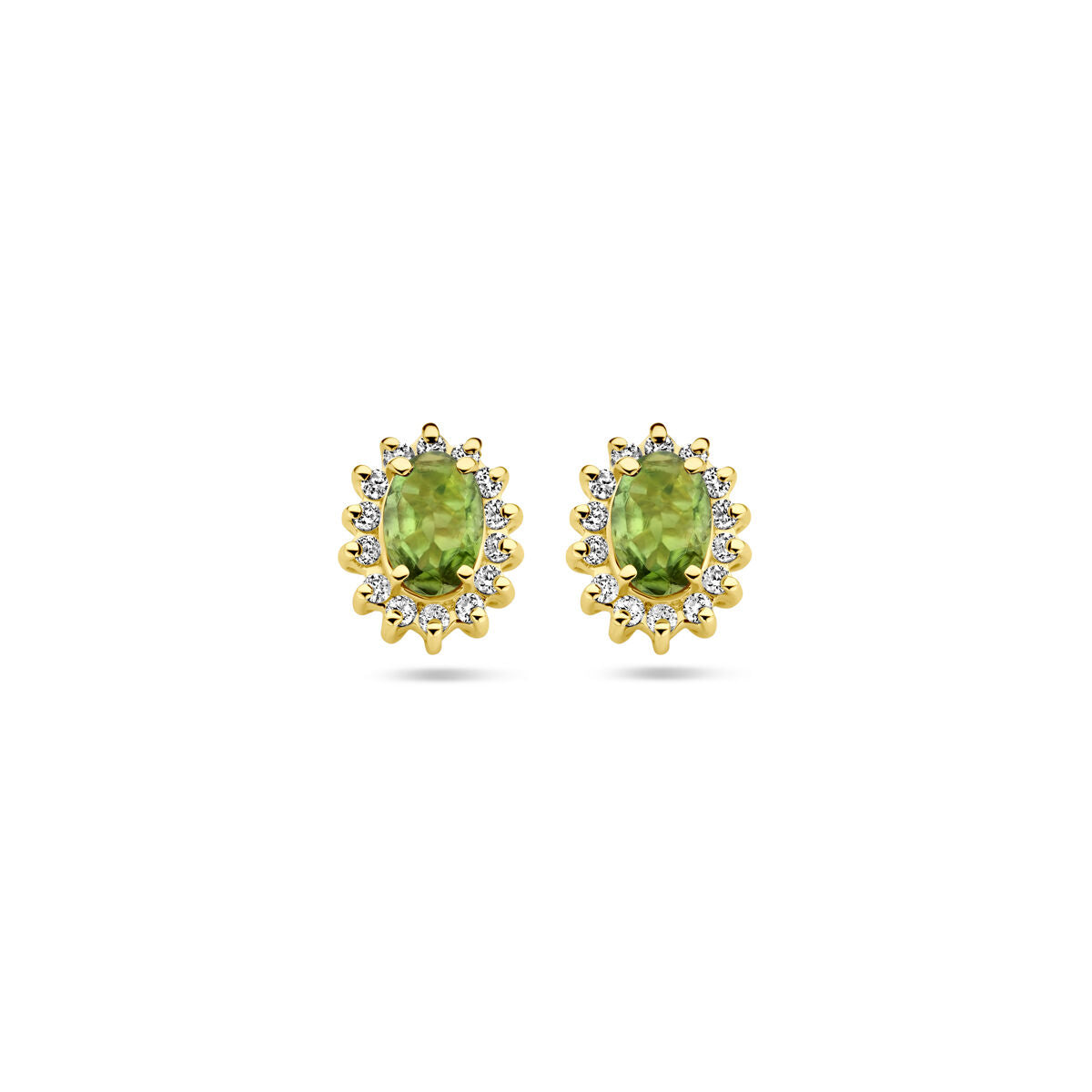 Boucles d'oreilles en or jaune 14 carats avec tourmaline verte et diamants.