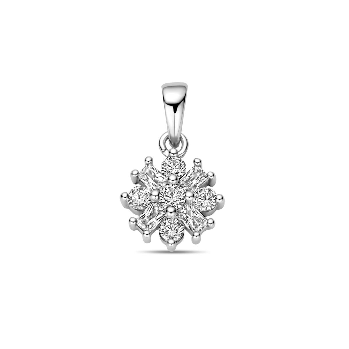 Zilveren hanger in de vorm van een sneeuwvlok, bezet met zirkonia, gerhodineerd 925 zilver.