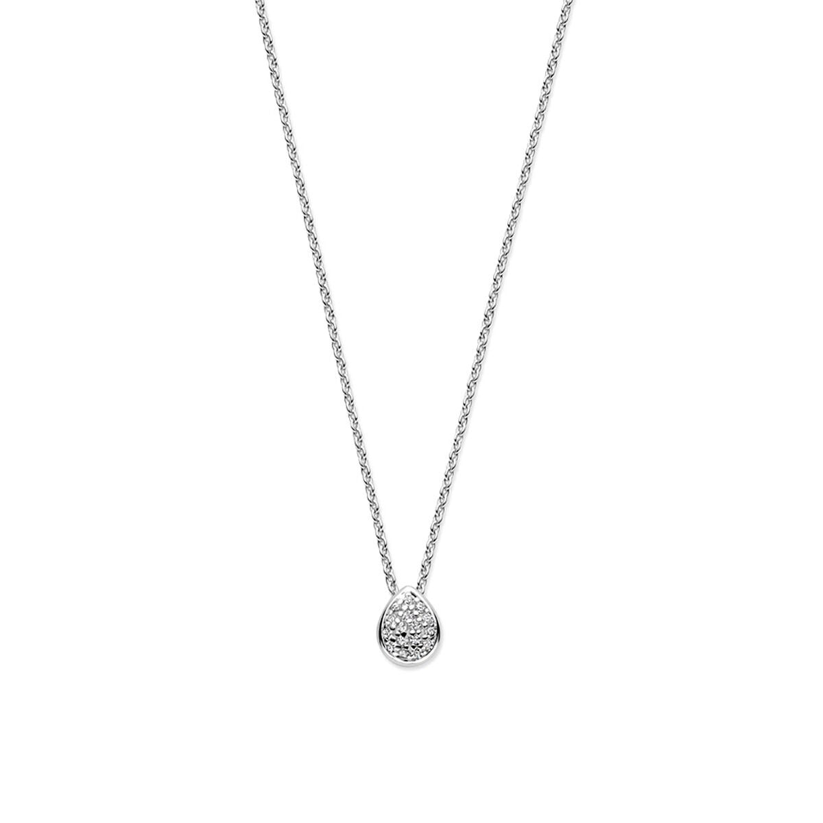 Collier argenté avec pendentif en zirconium en forme de goutte, finition rhodiée, longueur ajustable de 41 à 45 cm.