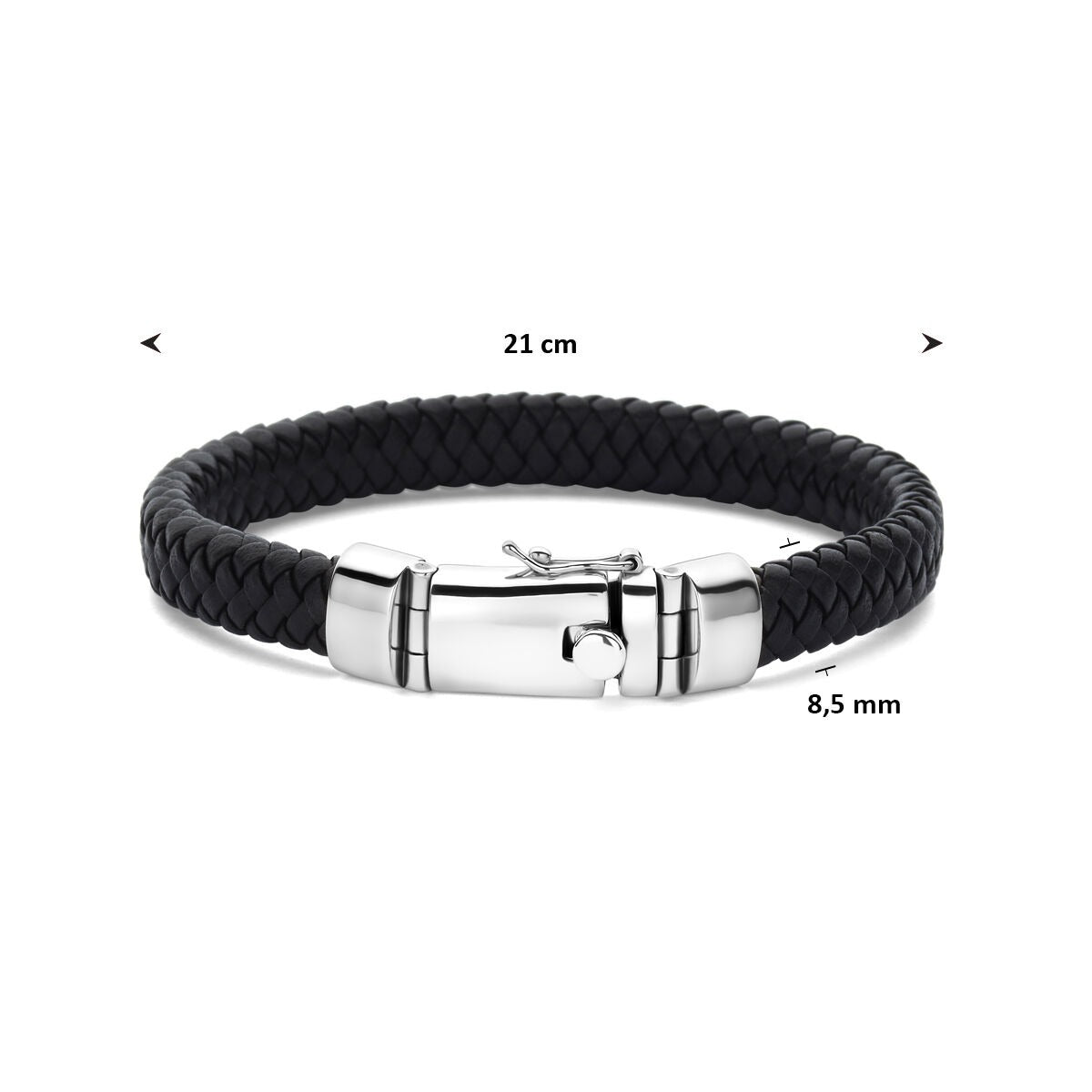 Bracelet pour homme en argent rhodié avec cuir noir – 8,5 mm de large